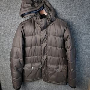 Old Navy Heritage Jacket Grey Hounds Womens Medium Brown Hooded Puffer Coat